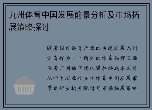 九州体育中国发展前景分析及市场拓展策略探讨